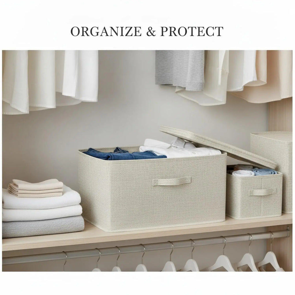 Boîte de rangement pliable en tissu avec couvercle zippé