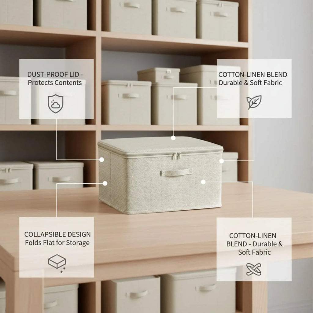 Boîte de rangement pliable en tissu avec couvercle zippé