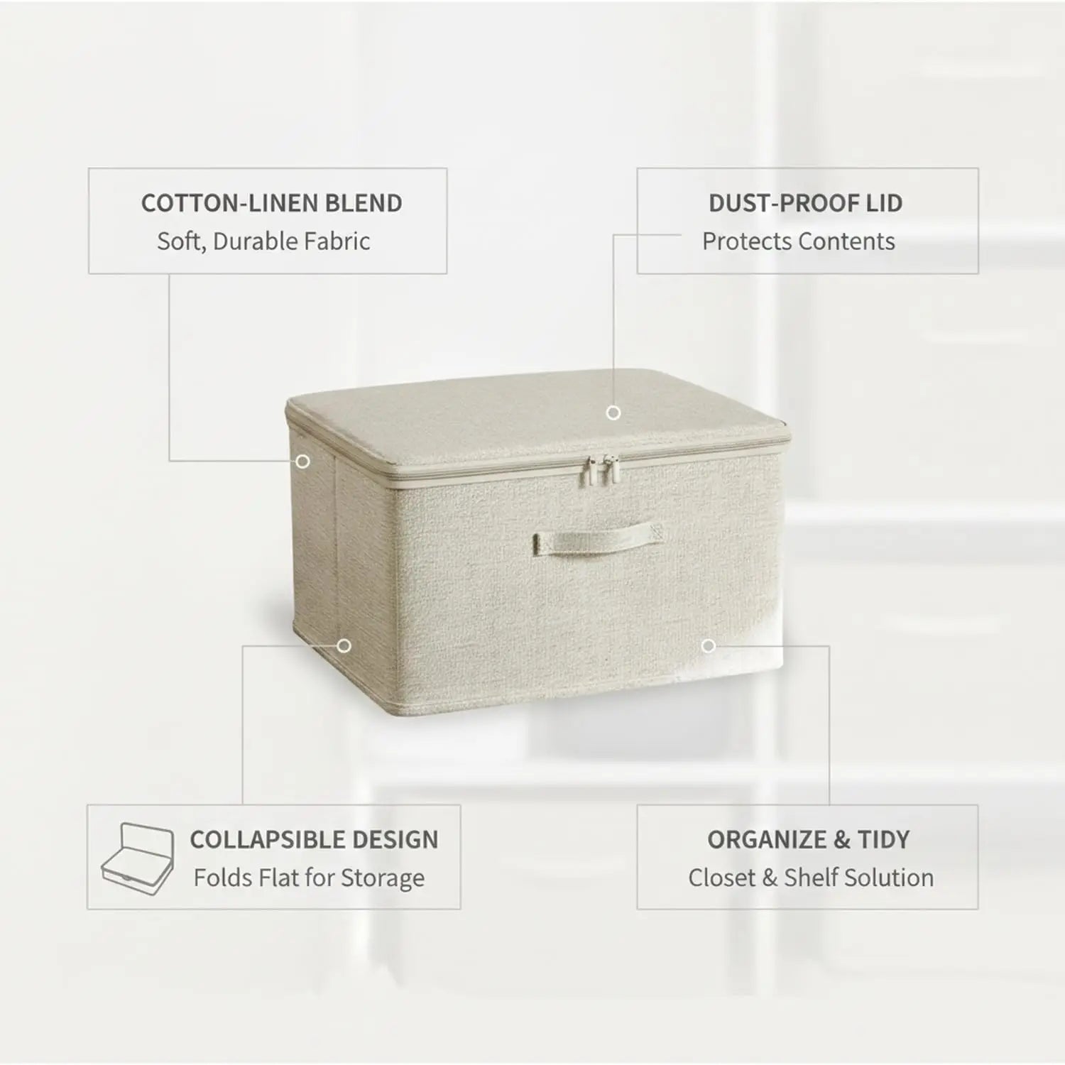 Boîte de rangement pliable en tissu avec couvercle zippé