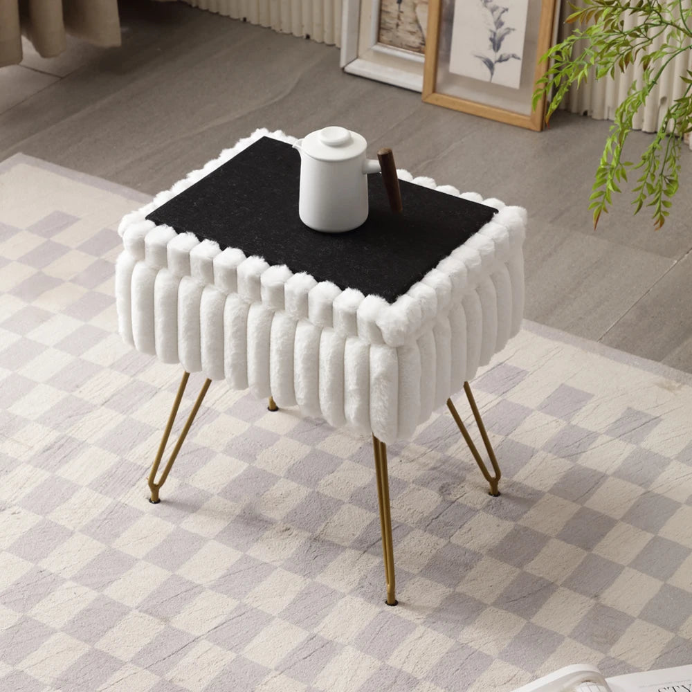 Tabouret de vanité chic en fausse fourrure avec rangement intégré