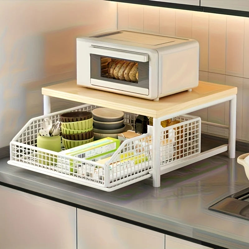 Étagère de comptoir 2 niveaux avec tiroir et panier de rangement