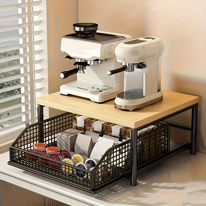 Étagère de comptoir 2 niveaux avec tiroir et panier de rangement