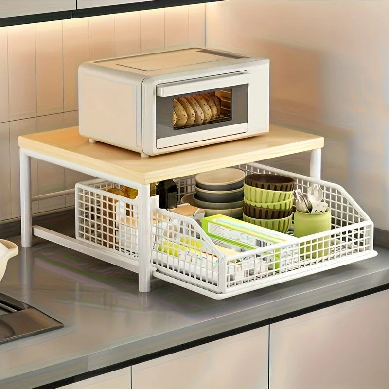 Étagère de comptoir 2 niveaux avec tiroir et panier de rangement
