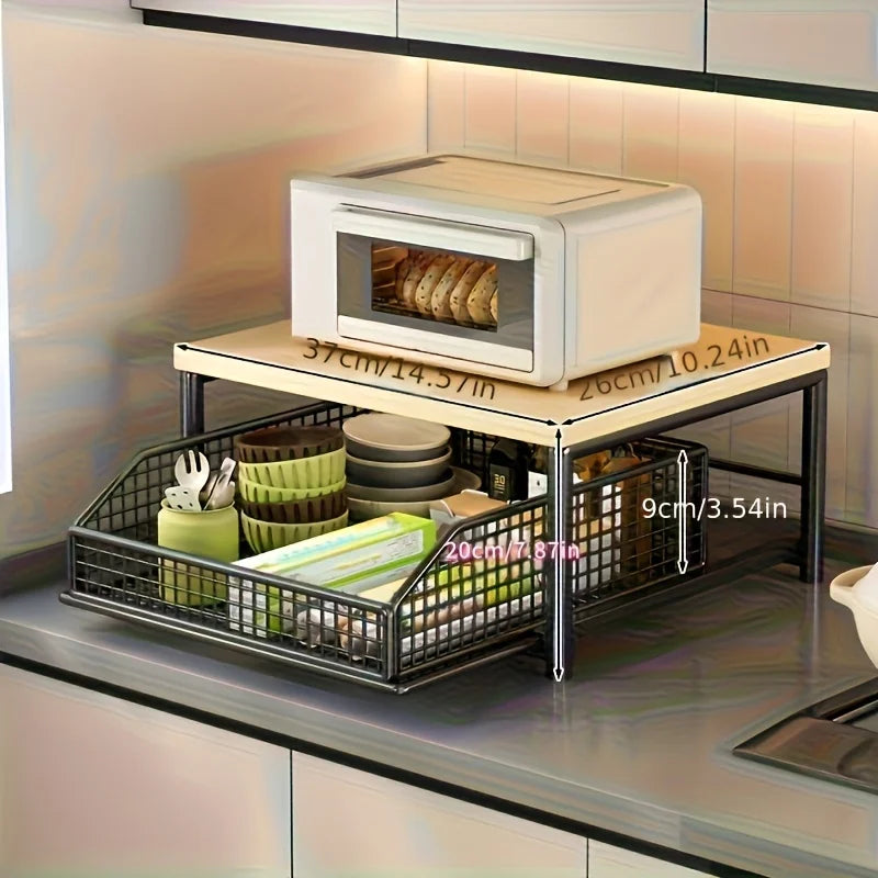 Étagère de comptoir 2 niveaux avec tiroir et panier de rangement