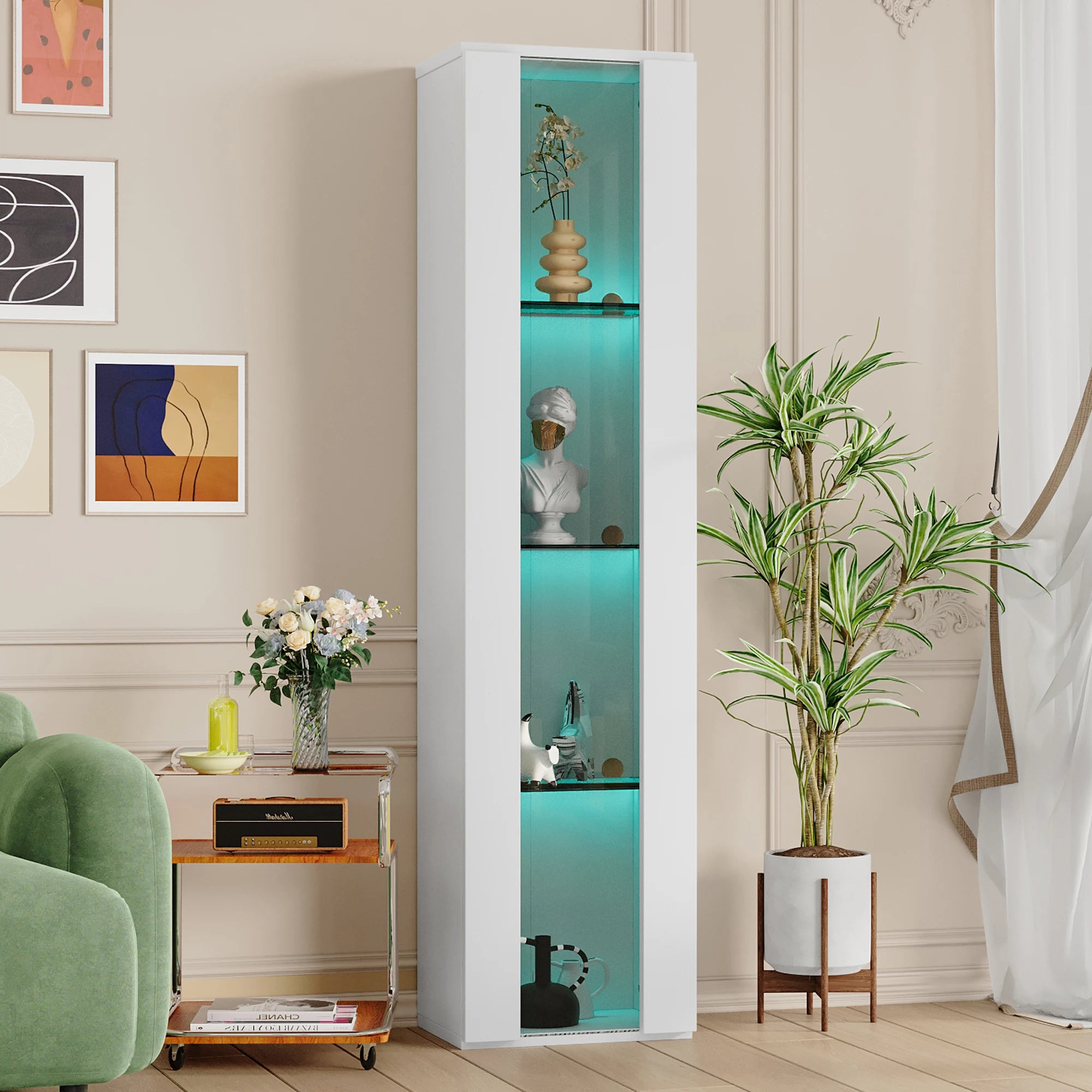 Vitrine haute 170cm avec éclairage LED connecté, blanc