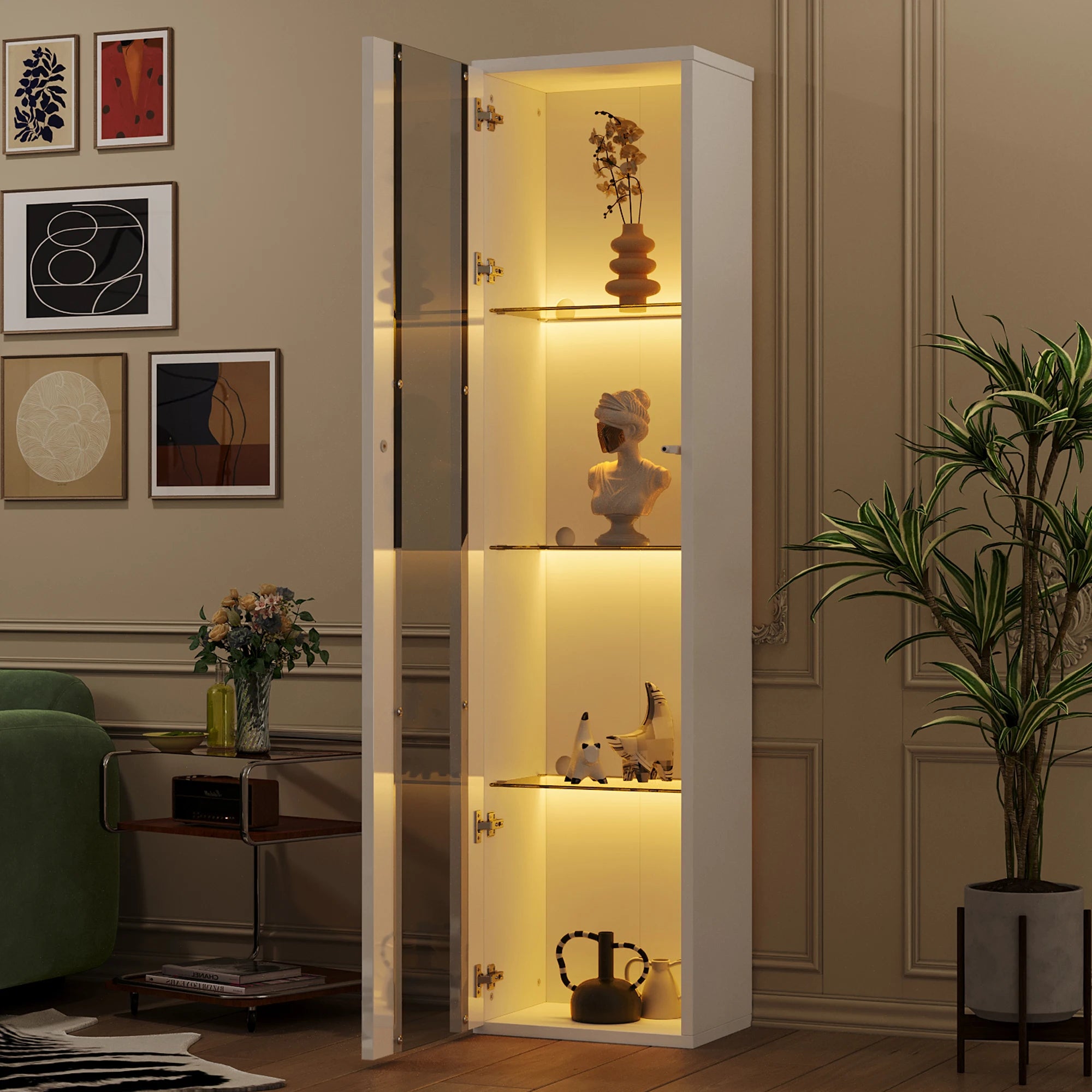 Vitrine haute 170cm avec éclairage LED connecté, blanc