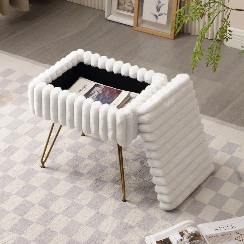 Tabouret de vanité chic en fausse fourrure avec rangement intégré