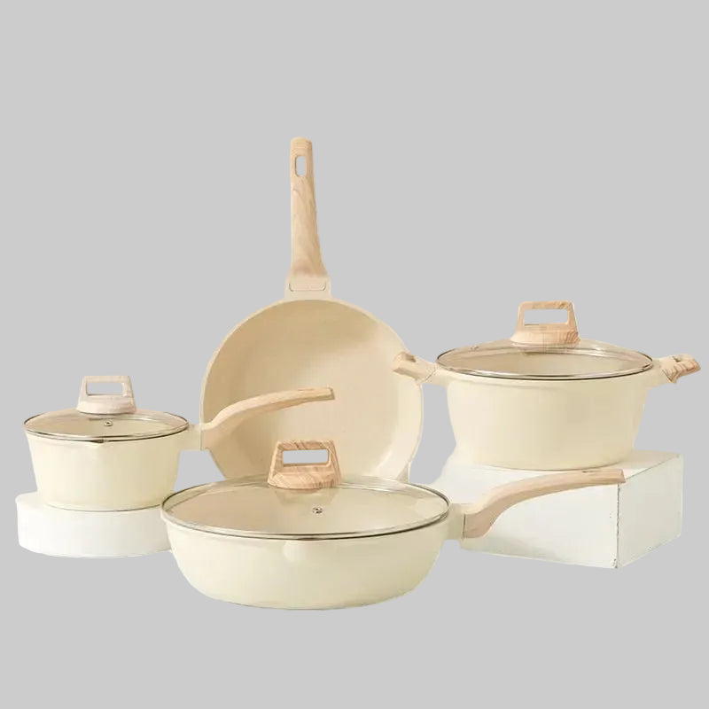Ensemble de casseroles et poêles antiadhésives à manche en bois